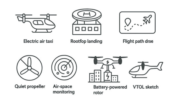 Line style icons of urban air mobility: electric air taxi, rooftop landing pad, quiet propeller icon, flight path display, urban drone skyway, air space monitoring radar, battery-powered rotor, VTOL
