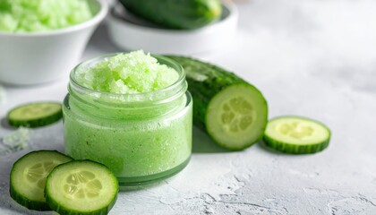 A refreshing cucumber and mint face scrub sits in a glass jar surrounded by sliced cucumbers on a textured surface, evoking a spa-like, natural beauty experience.