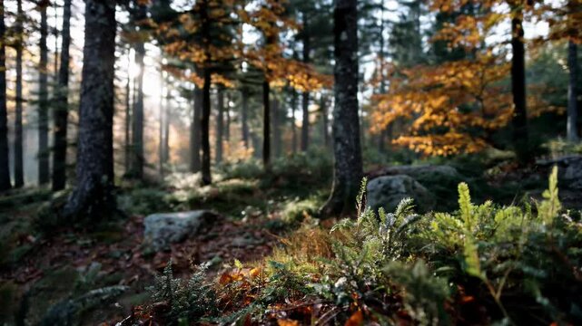 Close-up of forest floor covered in autumn leaves and dew-covered foliage, with soft morning sunlight filtering through tall trees in the background &ndash; Generative AI