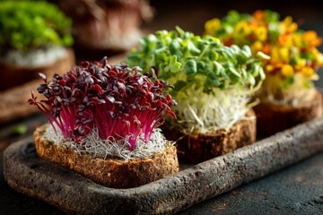 Gourmet sandwiches topped with colorful microgreens and sprouts arranged on a rustic serving board for a culinary display.