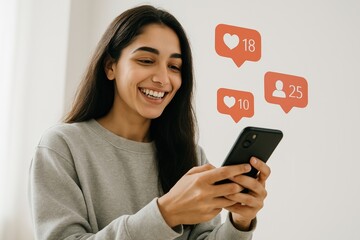 Happy woman using smartphone.