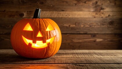 Obraz premium A carved pumpkin with a glowing jack-o'-lantern face sits on a rustic wooden surface, creating a festive Halloween atmosphere.