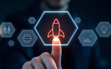 Visionary Launch: A hand, digitally, initiating a rocket launch icon on a touch screen, symbolizing the beginning of a project or endeavor, inspiring ambition and forward thinking.