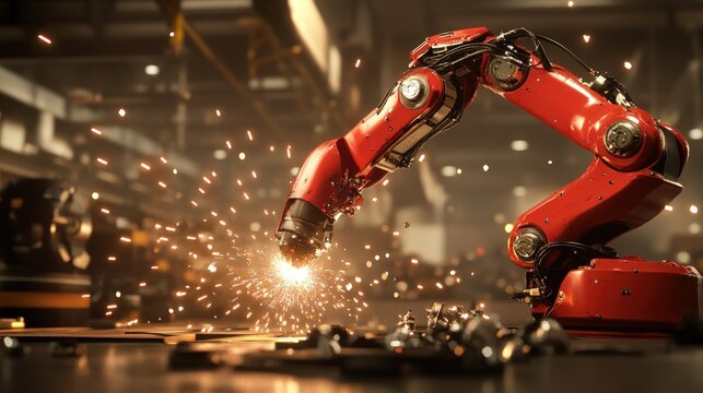 Industrial robot arm welding in factory setting