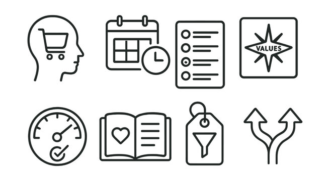 Line style icons of personal values alignment: mindful purchase flow, intentional time plan, priority list board, values compass card, consumption check meter, value reflection journal, spending