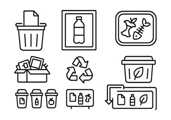 Line style icons of school waste separation: paper bin icon, plastic sort poster, food waste tray, e-waste box, recycling chart, compost bin sign, classroom bin labels, waste reduction board.