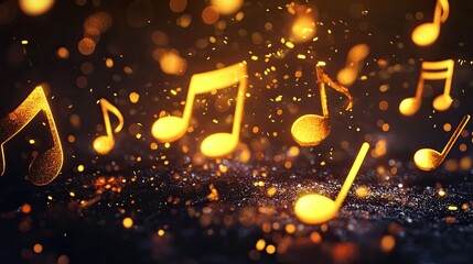 Golden Music Notes Float On Bokeh. Celebration And Musicality Concept.