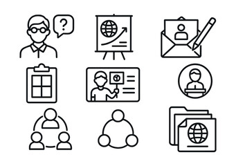 Line style icons of climate advocacy skills: ask the expert icon, policy poster board, write to leader symbol, campaign planning worksheet, youth petition card, presentation microbadge, outreach