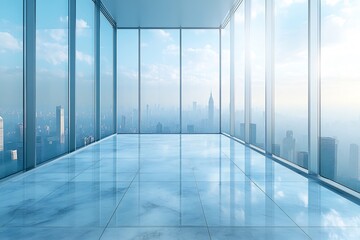 Panoramic interior window design illustration eco friendly blueprint sketch overlay in wide angle under soft dawn fog