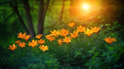 Obraz premium Orange lilies in backlit sunlight field