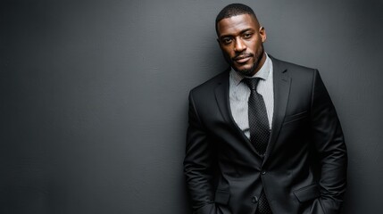 Obraz premium Successful lawyer in a black suit, standing confidently in front of a grey background, showcasing authority and professionalism