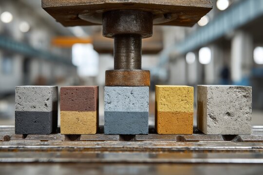 Compression Testing of Colorful Concrete Cubes Under Hydraulic Press to Assess Building Material Strength in Factory Setting
