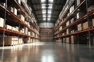 Inside a large warehouse filled with stacked boxes on shelves, illuminated by natural overhead lighting.