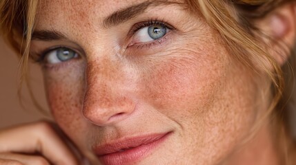Close-up of a gorgeous woman in her middle age, looking at the camera with a bright smile, showcasing her flawless skin and natural elegance