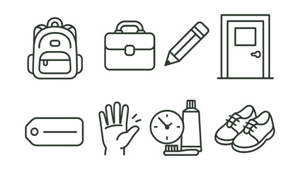 Line style icons of school readiness: backpack, lunchbox, pencil icon, classroom door, name label, goodbye wave, morning prep, school shoes.