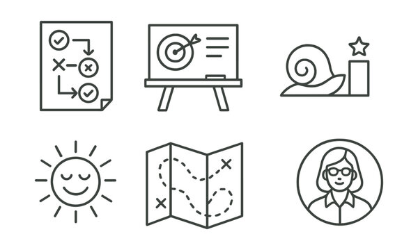 Line style icons of minimalist teaching mindset: fewer tasks better, focus on depth board, joy of clarity symbol, quality over quantity chart, slow pedagogy icon, attention not speed label,