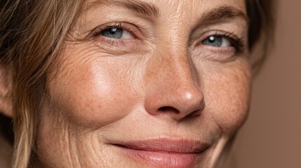 Gorgeous middle-aged woman with a flawless complexion and natural makeup, smiling gently at the camera with her healthy, glowing skin