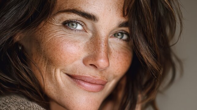 Portrait of a beautiful, confident older woman with brunette hair, smiling at the camera, showing her love for skincare and beauty
