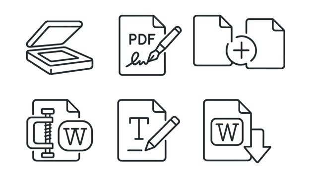Line style icons of digital file tools: scan doc, sign PDF, merge files, convert icon, compress tool, edit text, watermark icon, export sheet.