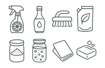 Line style icons of natural cleaning: citrus spray, vinegar bottle, scrub brush, eco refill, baking soda, jar mix, reusable cloth, soap bar.