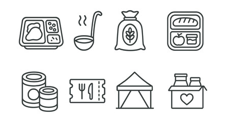 Line style icons of food relief: meal tray, soup ladle, rice sack, packed lunch, canned goods, food voucher, distribution tent, hunger relief box.