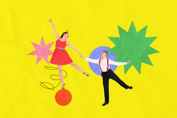 Creative composite sketch design artwork collage of couple young man hold lady dance movement...