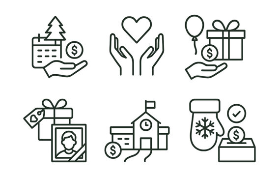 Line style icons of giving occasions: year-end giving, giving Tuesday, birthday donation, wedding registry gift, in memory icon, school fundraiser, workplace match, holiday drive.