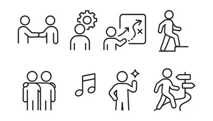Line style icons of social reintegration: peer connect, skill recovery, return plan, stable step, friend welcome, new rhythm, confidence spark, guided path.