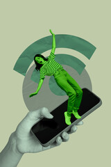 Vertical contemporary photo collage of shocked girl stand phone screen wifi connection fast 5g...