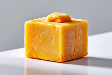 Cheddar cheese block sits on seamless white surface with sharp edges. Clean aesthetic emphasizes texture and color. Concept of culinary arts, gourmet delicacies, cheese production
