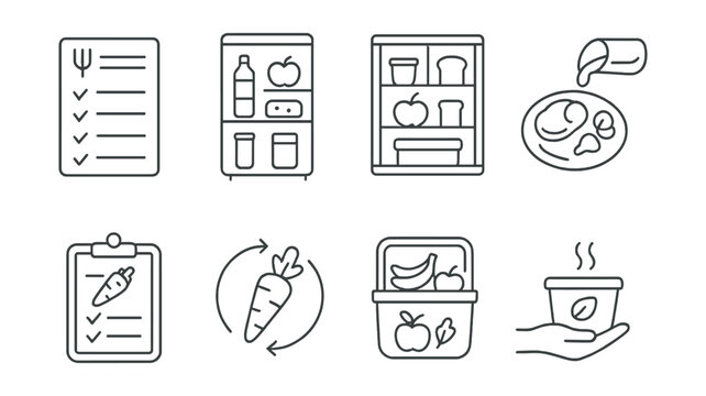 Line style icons of food waste reduction: weekly menu, fridge inventory, eat-me-first shelf, portion control, prep plan, upcycle food, zero-waste lunch, share leftovers.