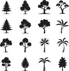 Various variant Tree silhouette set vector illustration isolated On Transparent Background