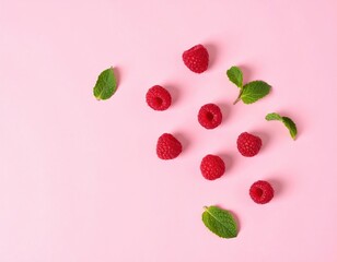 Fresh raspberries and mint leaves on pink background
