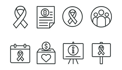 Line style icons of awareness and advocacy: food allergy ribbon, educational flyer, awareness icon, group support badge, allergy month calendar, donation box, info session board, social post sign.