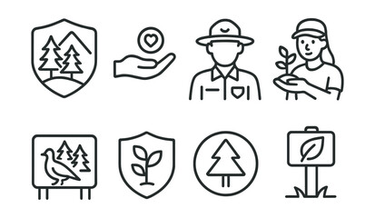 Line style icons of nature protection: national park badge, donation icon, ranger guide, conservation volunteer, wildlife center, habitat zone sign, protected area icon, eco info post.