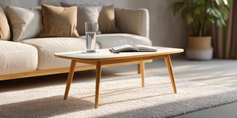 A coffee table with soft lighting and warm tones, featuring a minimalist design in natural wood and beige colors. A glass of water is placed on the coffee table