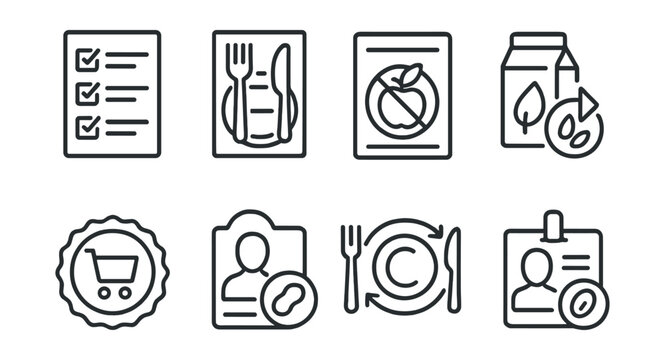Line style icons of food allergy plans: dietary restrictions list, meal prep sheet, allergen-free recipe card, substitute guide, safe brands icon, meal rotation plan, shopping badge, allergy ID.