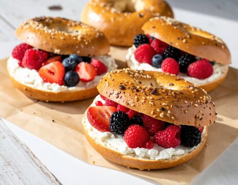 Fresh berry and cream cheese bagels on parchment paper in sunlight