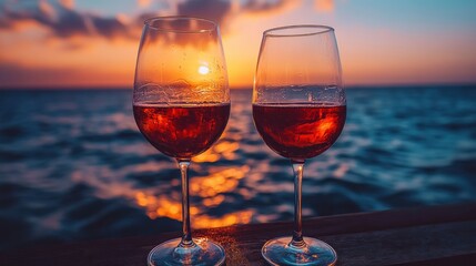 Two wine glasses filled with red wine, enjoying a sunset over the ocean