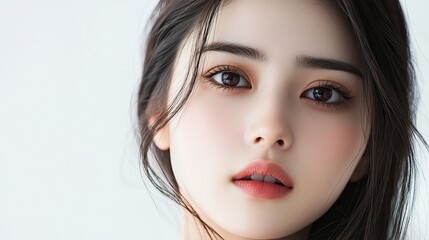 Fototapeta premium Close-Up Portrait Of A Young Woman With Beautiful Eyes And Soft Skin, Capturing Her Natural Beauty And Subtle Makeup.