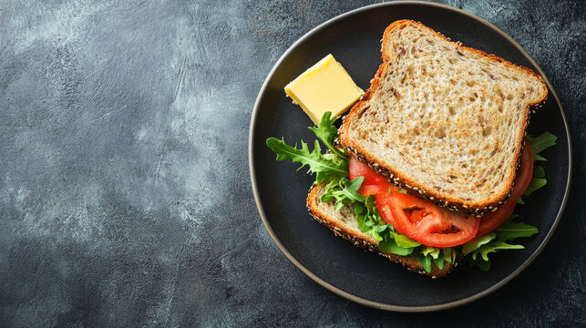 A sandwich and a butter dish are placed on a table, viewed from above, with blank space for text