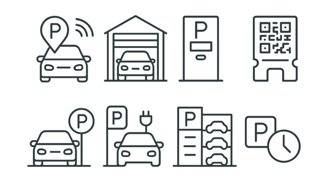 Line style icons of parking systems: smart parking, garage gate, pay station, QR ticket, reserved spot, EV charging bay, multi-level icon, parking time.
