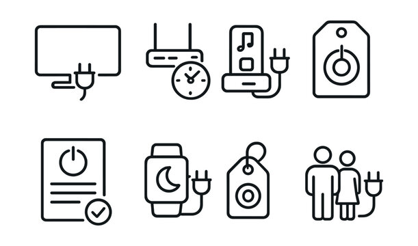 Line style icons of standby reduction: TV unplug icon, router timer plug, music dock off icon, auto-shut switch, standby audit card, sleep mode tracker, button reminder tag, family plug-out sign.