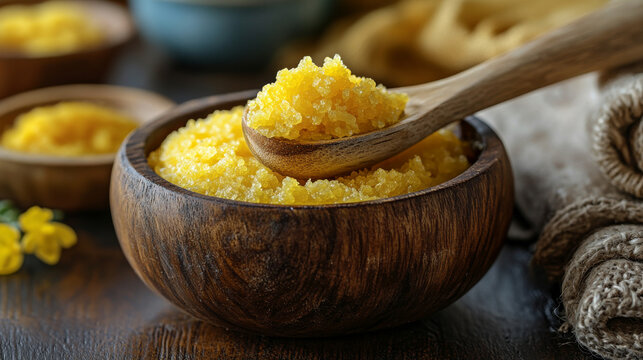 A wooden spatula dipped in thick yellow sugar paste, typical of a spa treatment setup