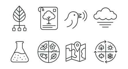 Line style icons of nature literacy: leaf structure chart, tree ID flashcard, bird call tracker, cloud type sketch, soil test symbol, biodiversity wheel, native map overlay, season change circle.