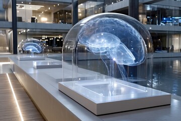 A stunning visual of a digital brain representation inside a transparent dome, symbolizing knowledge, innovation, and the fusion of technology and neuroscience in a modern setting.