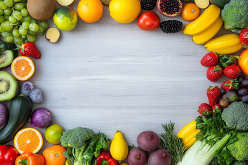 A colorful flat lay of various fruits and vegetables arranged around a light wooden background. The assortment includes oranges, grapefruits, strawberries, bananas, kiwi, grapes, and more.