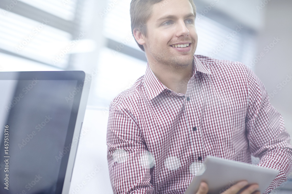 Aufkleber Thinking, tablet and businessman in office for research, decision and networking or news. Mobile app, technology and male person in workplace with idea for proposal and startup company or email