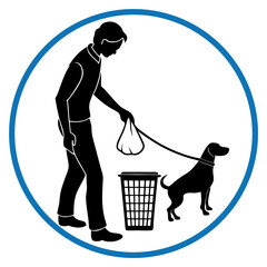Person with dog on leash standing next to trash bin, holding poop bag, responsible pet ownership