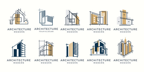 Collection of building architecture logo design with color branding vector illustration.